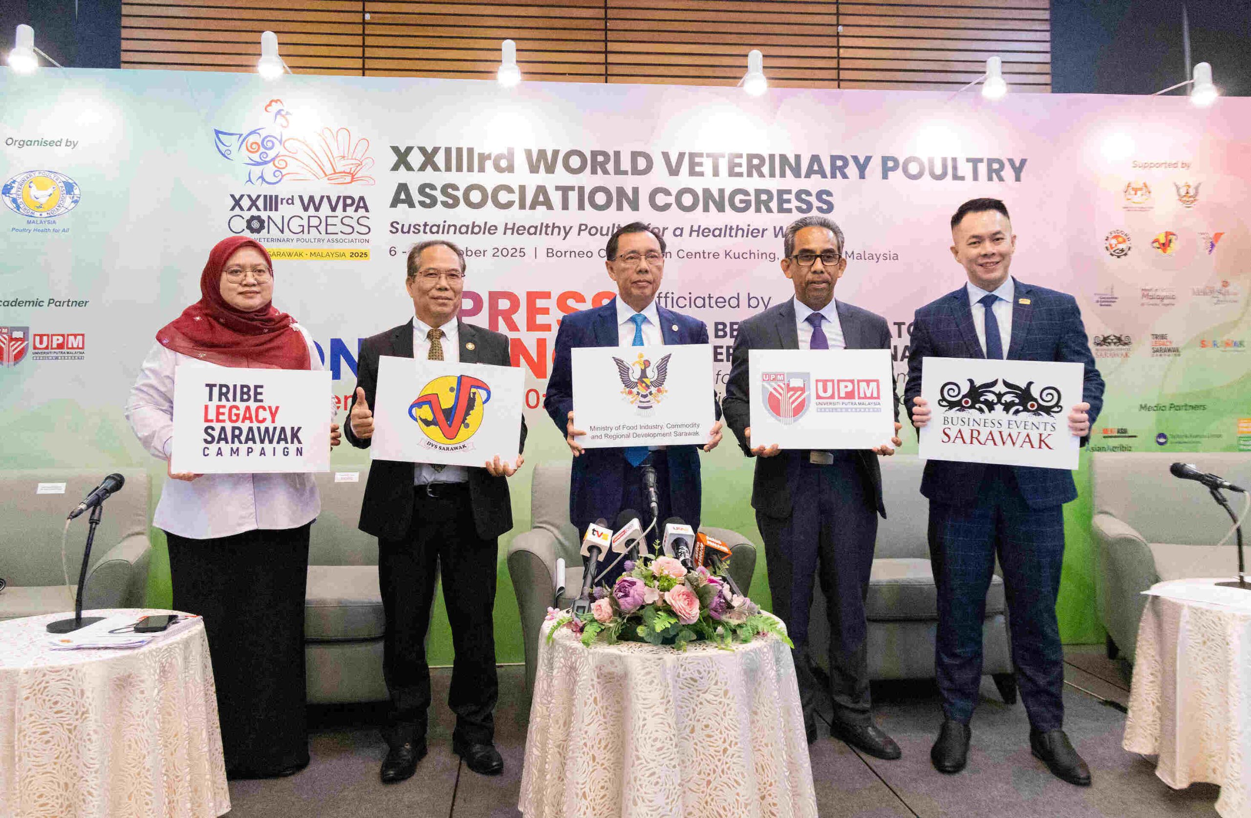 The Hon. Dato Sri Dr Stephen Rundi Anak Utom (centre) with conference and agency representatives at the WVPAC 2025 press conference today.