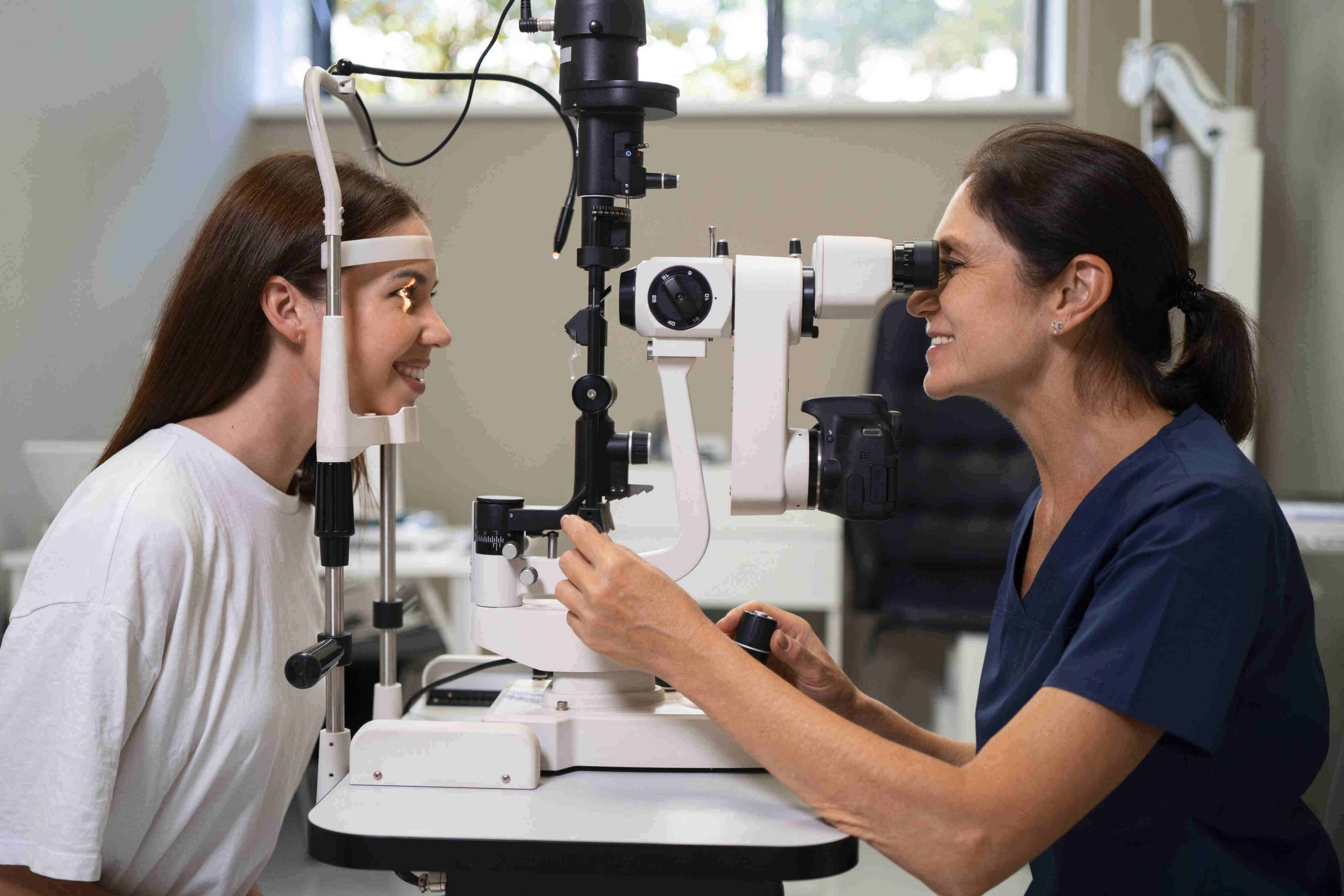 A woman undergoing an eye examination.