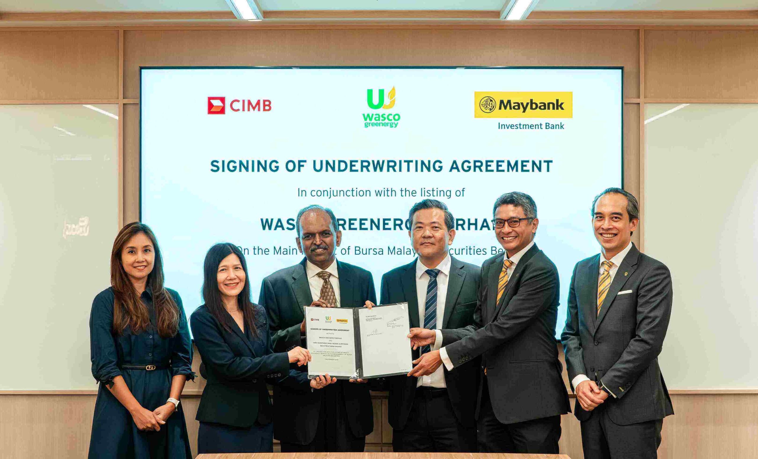 Signing of Underwriting Agreement between Wasco Greenergy Berhad, CIMB Investment Bank Berhad and Maybank Investment Bank Berhad at Wasco Berhad’s headquarters in Kuala Lumpur earlier today.