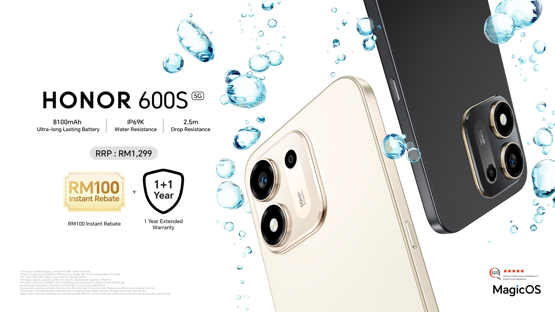 Official promotional banner of the HONOR 600S 5G in Desert Gold and Velvet Black displaying its RM1299 price and IP69K water resistance features