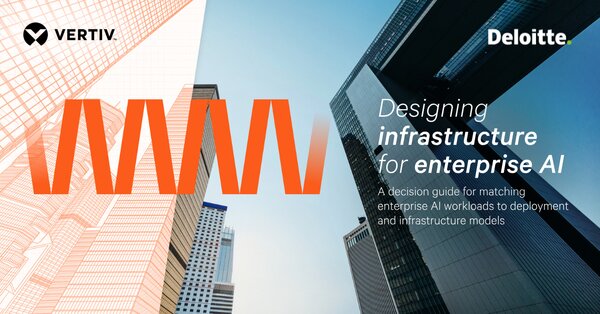 Front cover of the enterprise AI infrastructure design guide featuring Vertiv and Deloitte logos against commercial buildings